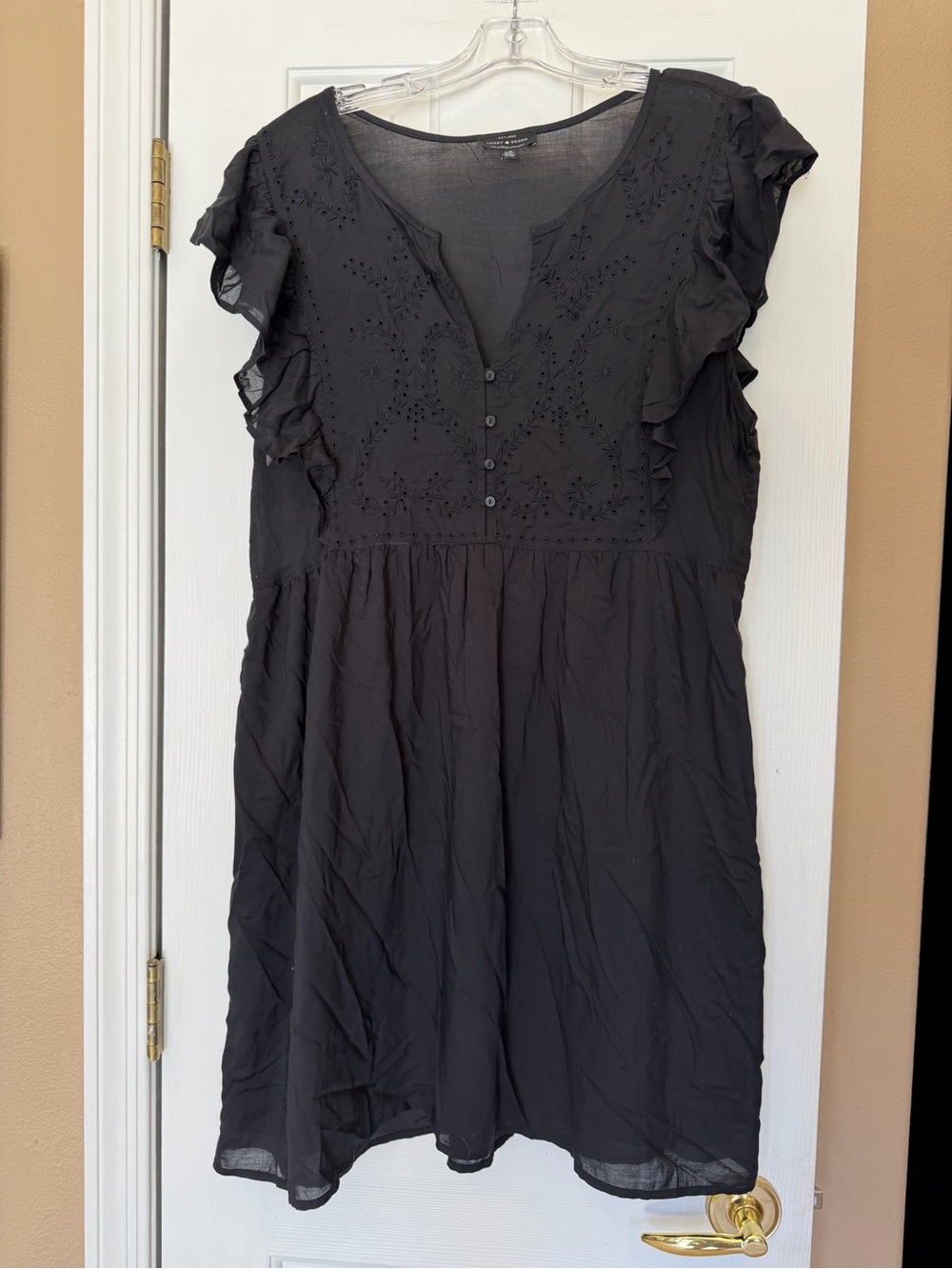 Lucky Brand Modal Cotton Black Boho Eyelet Dress Peasant Midi Hippie Large EUC